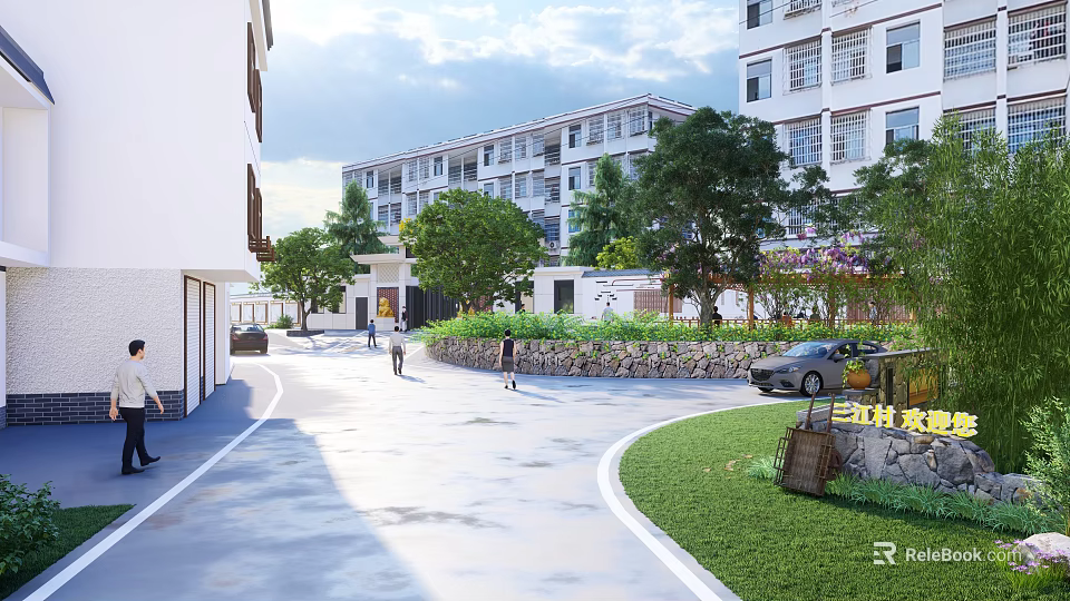 Modern Rural Village Landscape With White Buildings Trees Lawn Road Pedestrians And Cars 3d model